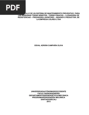 Desarrollo de un sistema de Mantenimiento Preventivo para las máquinas Torno Winston - Torno Pinacho - Llenadora de Resistencias - Fresadora Jhonford- Swager o Reductor, de la empresa Colres LTDA