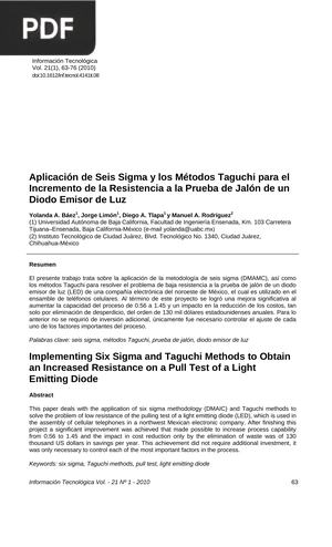 Aplicación de Seis Sigma y los Métodos Taguchi para el Incremento de la Resistencia a la Prueba de Jalón de un Diodo Emisor de Luz