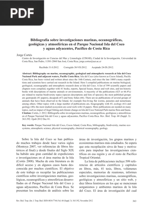 Bibliografía sobre investigaciones marinas, oceanográficas, geológicas y atmosféricas en el Parque Nacional Isla del Coco y aguas adyacentes, Pacífico de Costa Rica