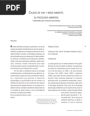 Calidad de vida y medio ambiente. La psicología Ambiental (Artículo)