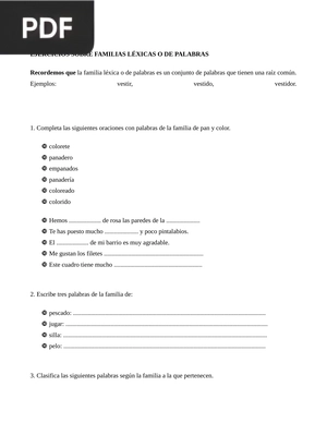 Ejercicios sobre las familias léxicas o de palabras