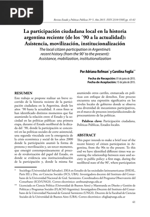 La participación ciudadana local en la historia argentina reciente (de los ´90 a la actualidad): Asistencia, movilización, institucionalización