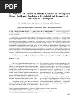 La Necesidad de Aplicar el Método Científico en Investigación Clínica. Problemas, Beneficios y Factibilidad del Desarrollo de Protocolos de Investigación (Artículo)