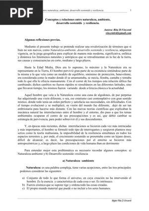 Conceptos y relaciones entre naturaleza, ambiente, desarrollo sostenido y resiliencia.