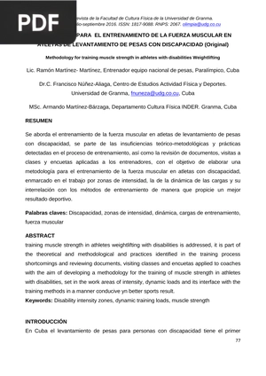 Metodología para el entrenamiento de la fuerza muscular en atletas de levantamiento de pesas con discapacidad (Original)