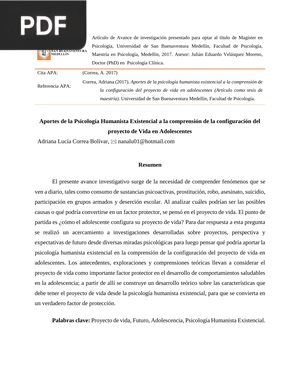 Aportes de la Psicología Humanista Existencial a la comprensión de la configuración del proyecto de Vida en Adolescentes