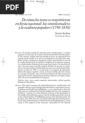 De cómo los toros se convirtieron en fiesta nacional: los intelectuales y la cultura popular (1790-1850)