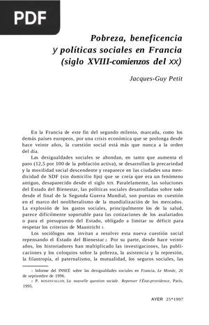 Pobreza, beneficencia y políticas sociales en Francia (siglo XVIII-comienzos del xx)