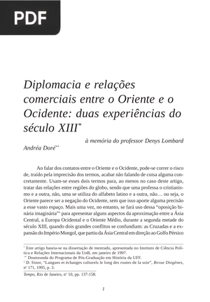 Diplomacia e relações comerciais entre o Oriente e o Ocidente: duas experiências do século XIII (Portugués)