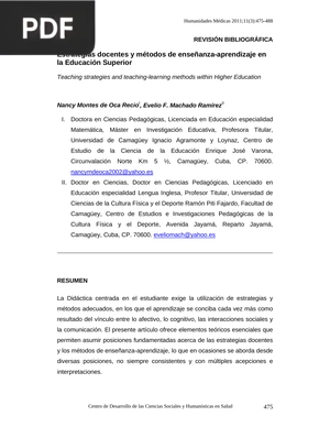 Estrategias docentes y métodos de enseñanza-aprendizaje en la Educación Superior