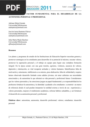 La autoestima, factor fundamental para el desarrollo de la autonomia personal y profesional