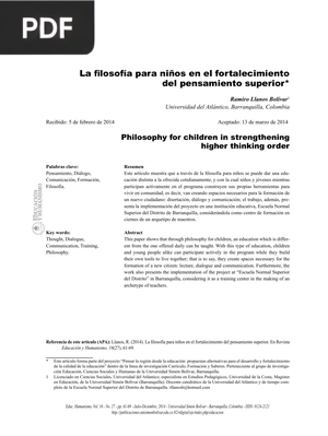 La filosofía para niños en el fortalecimiento del pensamiento superior (Artículo)