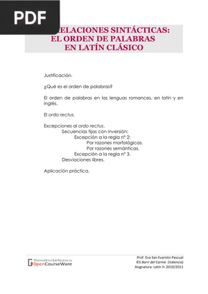 Las Relaciones Sintácticas: El Orden de Palabras en Latín Clásico