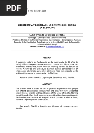 Logoterapia y bioética en la intervención clínica en el suicidio (Artículo)