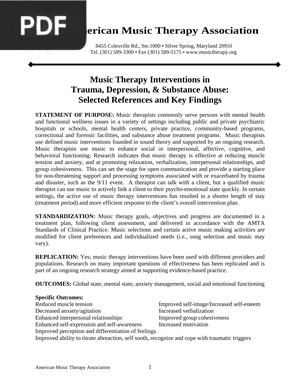 Music Therapy Interventions in Trauma, Depression, & Substance Abuse: Selected References and Key Findings (Inglés) (Artículo)