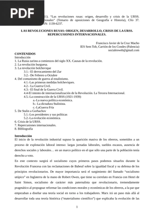 Las revoluciones rusas: origen, desarrollo y crisis de la URSS. Repercusiones internacionales