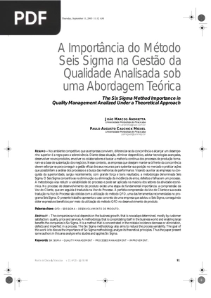 A Importância do Método Seis Sigma na Gestão da Qualidade Analisada sob uma Abordagem Teórica (Portugués)