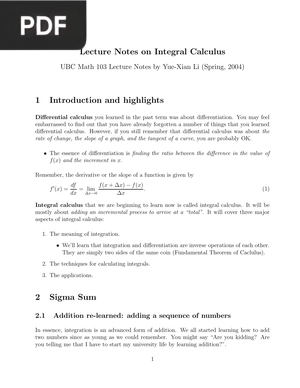 Lecture Notes on Integral Calculus (Inglés)