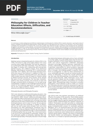 Philosophy for Children in Teacher Education: Effects, Difficulties, and Recommendations (Inglés) (Artículo)