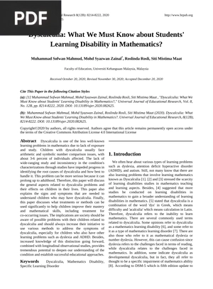 Dyscalculia: What We Must Know about Students' Learning Disability in Mathematics? (Inglés) (Artículo)