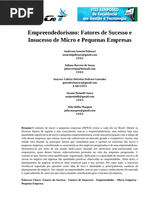 Empreendedorismo: Fatores de Sucesso e Insucesso de Micro e Pequenas Empresas (Portugués)