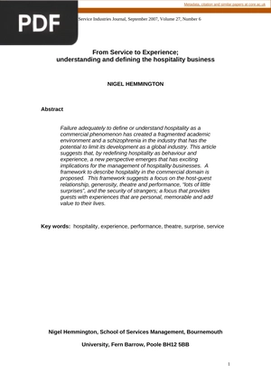 From Service to Experience; understanding and defining the hospitality business (Inglés)