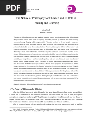 The Nature of Philosophy for Children and Its Role in Teaching and Learning (Inglés) (Artículo)