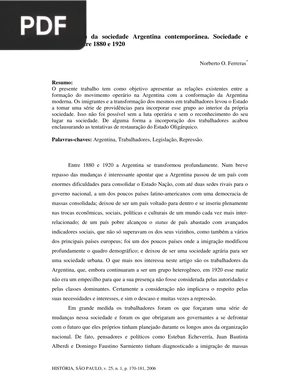 A formação da sociedade Argentina contemporânea. Sociedade e trabalho entre 1880 e 1920 (Portugués)