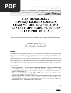 Fenomenología y Representaciones Sociales como Método Investigativo para la Comprensión Teológica de la Espiritualidad