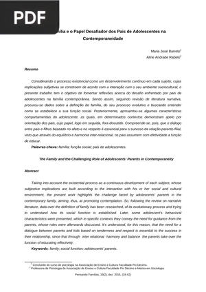 A Família e o Papel Desafiador dos Pais de Adolescentes na Contemporaneidade (Artículo) (Portugués)