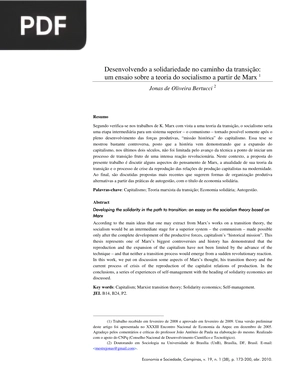 Desenvolvendo a solidariedade no caminho da transição: um ensaio sobre a teoria do socialismo a partir de Marx (Portugués)