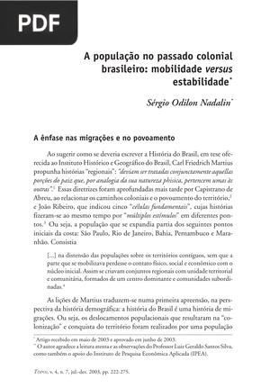 A população no passado colonial brasileiro: mobilidade versus estabilidade (Portugués)