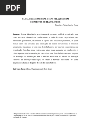 Clima organizacional e suas relações com o bem estar do trabalhador (Portugués)