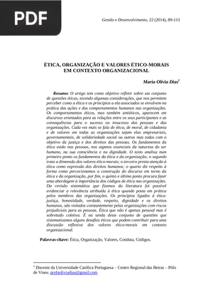 Ética, organizações e valores ético-morais em contexto organizacional (Portugués)