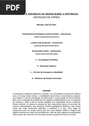 Tutoria e docéncia na modalidade a distância: definição de papeles (Portugués) (Artículo)