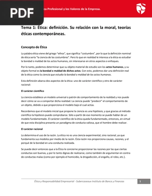 Tema 1: Ética: definición. Su relación con la moral, teorías éticas contemporáneas