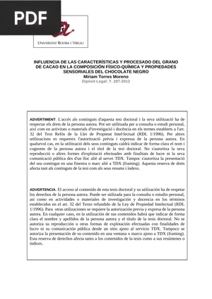 Influencia de las características y procesado del grano de cacao en la composición físico-química y propiedades sensoriales del chocolate negro