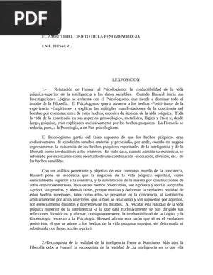 El ámbito del objeto de la fenomenología en E. Husserl