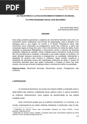 As trajetórias e lutas do movimento feminista no Brasil e o protagonismo social das mulheres (Portugués) (Artículo)