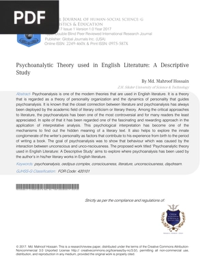 Psychoanalytic Theory used in English Literature: A Descriptive Study  (Inglés)