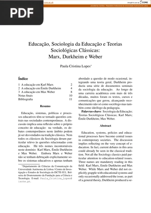 Educação, Sociologia da Educação e Teorias Sociológicas Clássicas: Marx, Durkheim e Weber (Portugués)