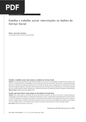 Família e trabalho social: intervenções no âmbito do Serviço Social (Portugués) (Artículo)