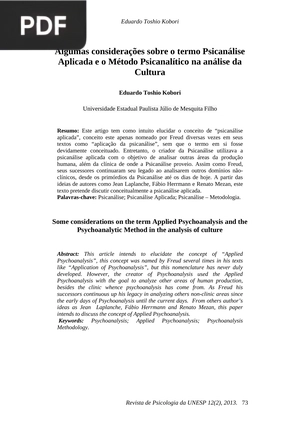 Algumas considerações sobre o termo Psicanálise Aplicada e o Método Psicanalítico na análise da Cultura (Portugués) (Artículo)