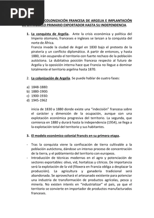 Conquista y colonización francesa de Argelia e implantación de un modelo primario exportador hasta su independencia (Articulo)