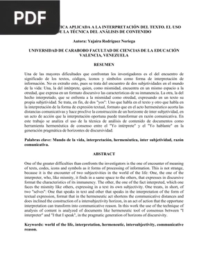 La hermenéutica aplicada a la interpretación del texto. El uso de la técnica del análisis de contenido (Articulo)