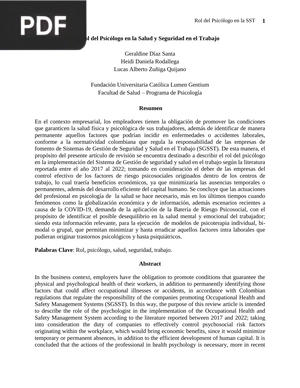 Rol del Psicólogo en la Salud y Seguridad en el Trabajo