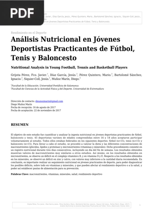 Análisis Nutricional en Jóvenes Deportistas Practicantes de Fútbol, Tenis y Baloncesto (Articulo)