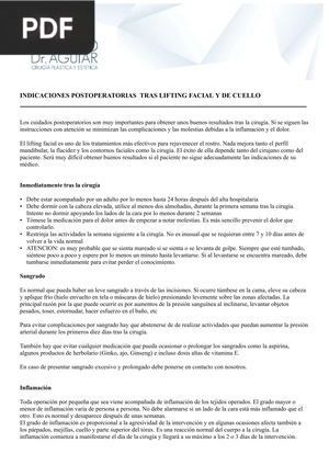 Indicaciones postoperatorias tras lifting facial y de cuello (Articulo)