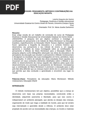 Maria Montessori: pensamento, método e contribuições na educação infantil